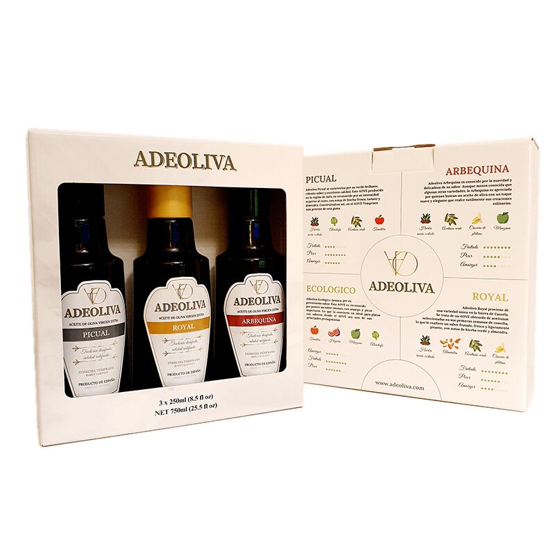 Pack Regalo Aceite de oliva VE Premium - ADEOLIVA (Estuche 3x250ml) 2 Pack regalo aceite de oliva estuche frontal trasera